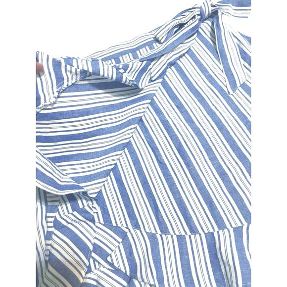 Loft Blue White Striped Faux Wrap Linen Skirt Ruffle Bow Tie Size 12 - Picture 3 of 12